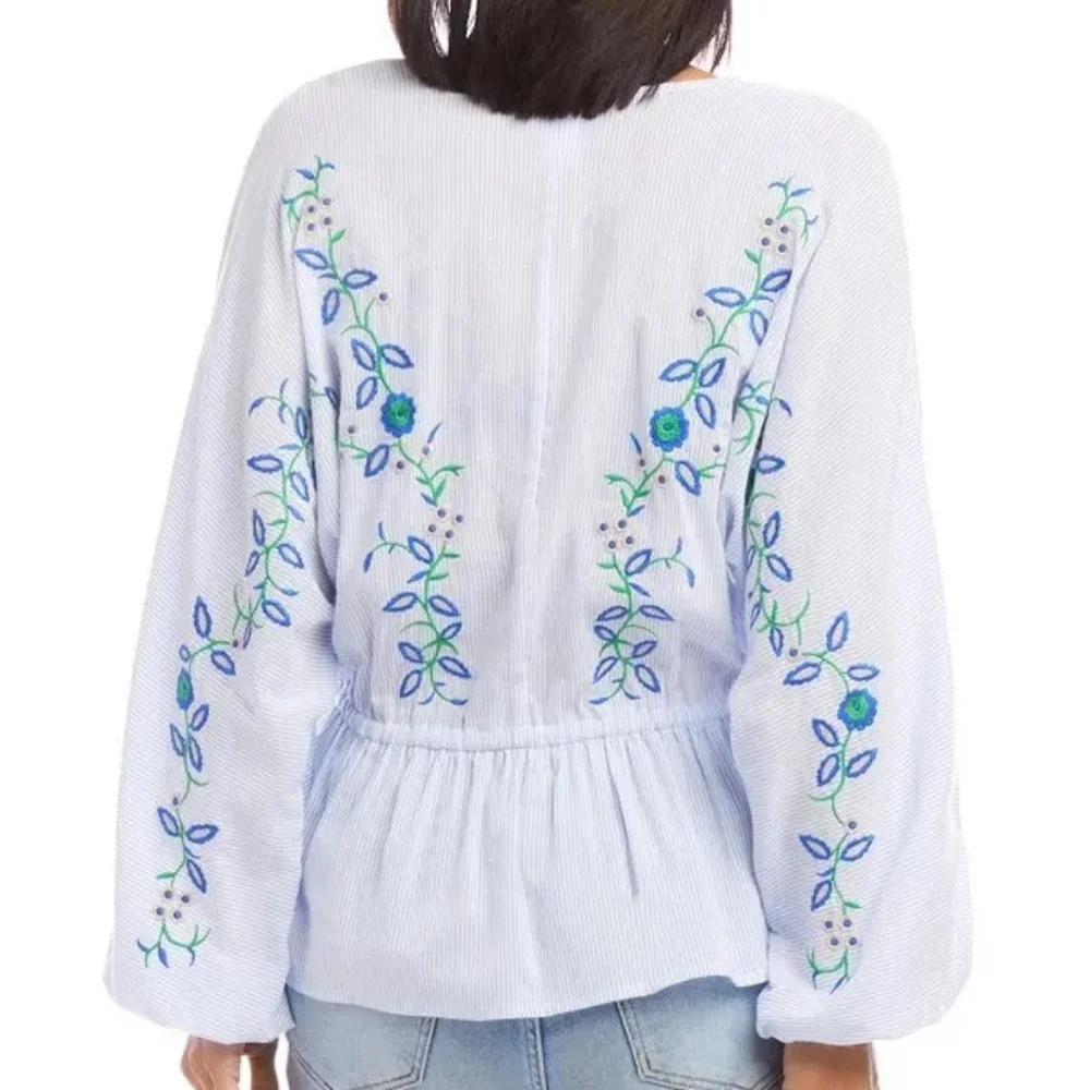 Karen Kane Embroidered Drawstring Top V-Neck Blouson Sleeve Top